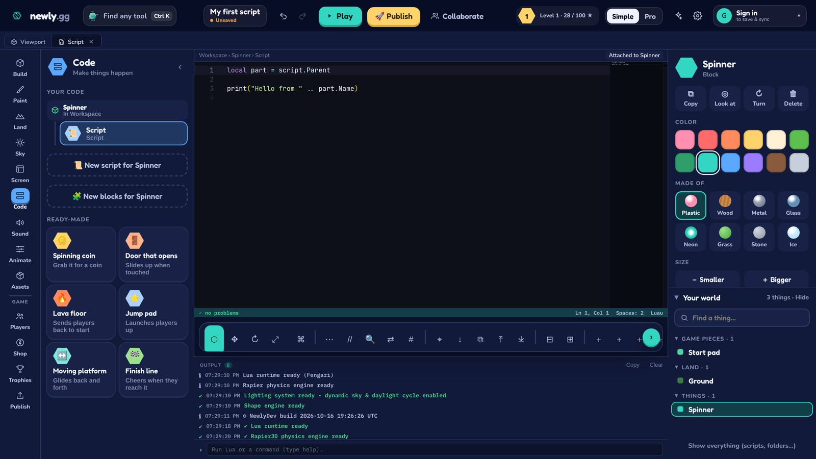 The Code room with a new script attached to a block called Spinner, open in the editor