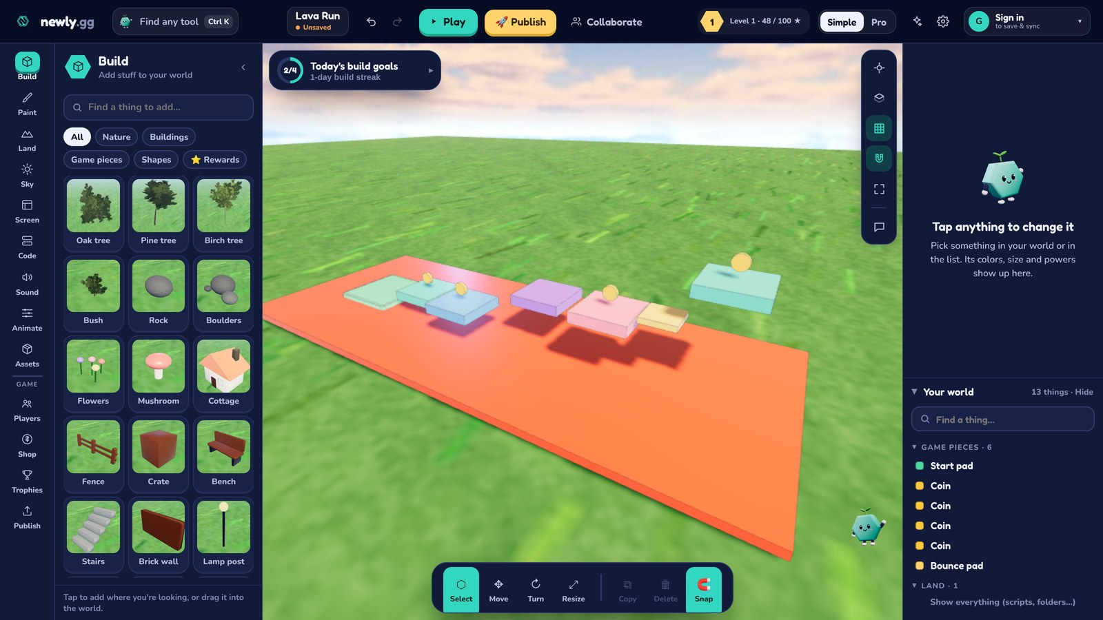 A course of colored platforms with coins, over a big orange lava floor, in the Newly editor