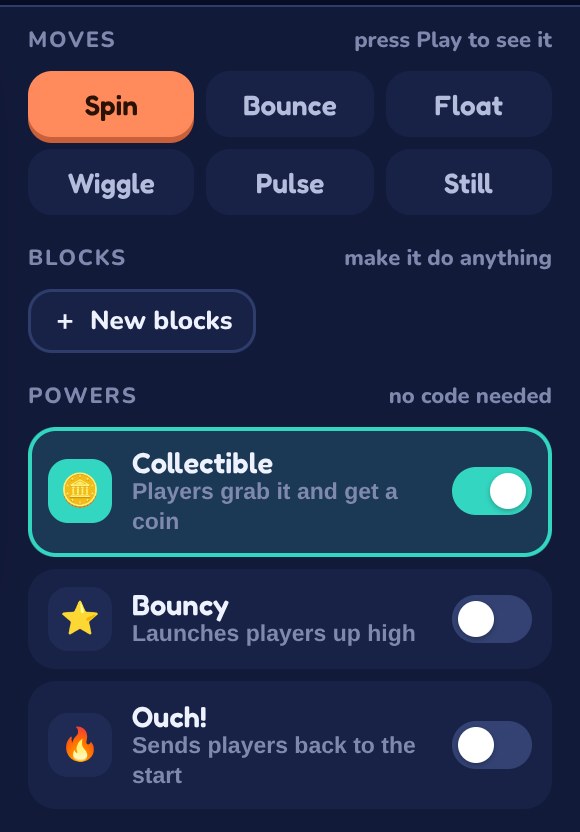 The Moves and Powers part of a block's panel: Spin is picked, and the Collectible power is switched on