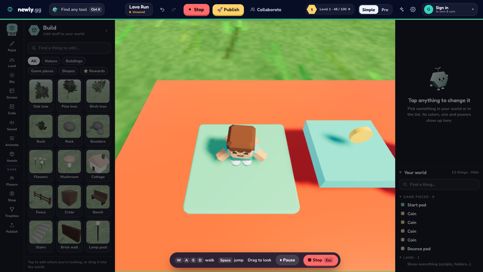 Play mode: the player character standing on the start pad above the lava, with the walk and jump controls along the bottom