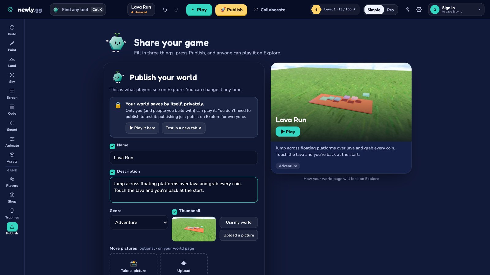 The Share your game screen with the name, description and genre filled in, next to a preview of the world's page on Explore